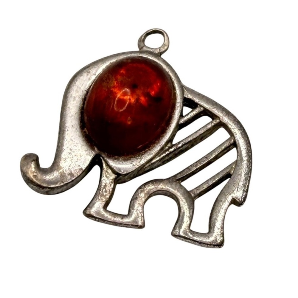 Vintage‎ Elephant Pendant Silver Tone Red Amber Boho Luck Charm Eclectic